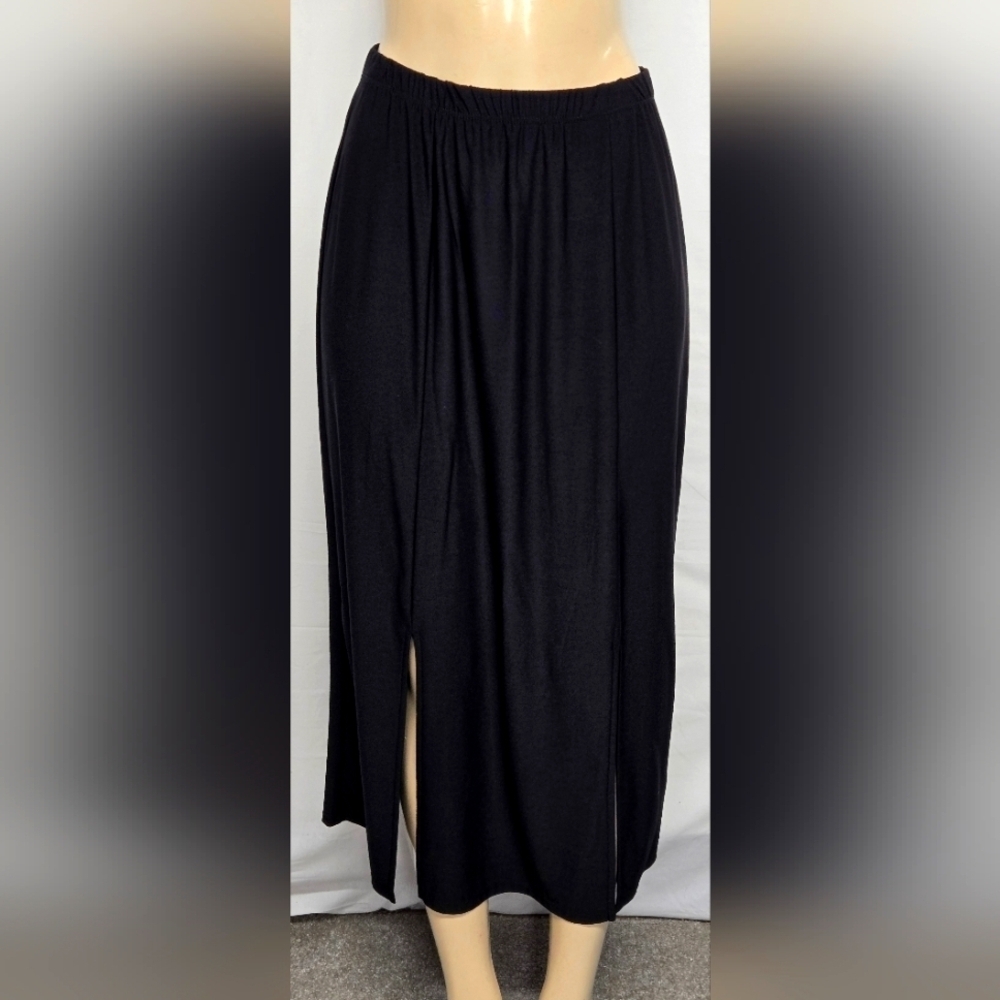 Antthony M Long Black Skirt Slinky Stretch Knit & Elastic Waist Vent Slits